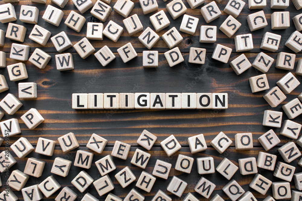 Poster litigation - word from wooden blocks with letters, the process determining issues a court arbitratio