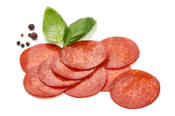 Chorizo sausage slices, Traditional spanish sausage, isolated on white background
