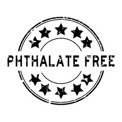 Grunge black phthalate free word with star icon round rubber seal stamp on white background