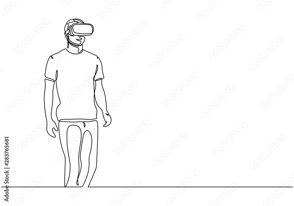 Poster continuous one line drawing of a man using glasses device virtual reality vector illustration