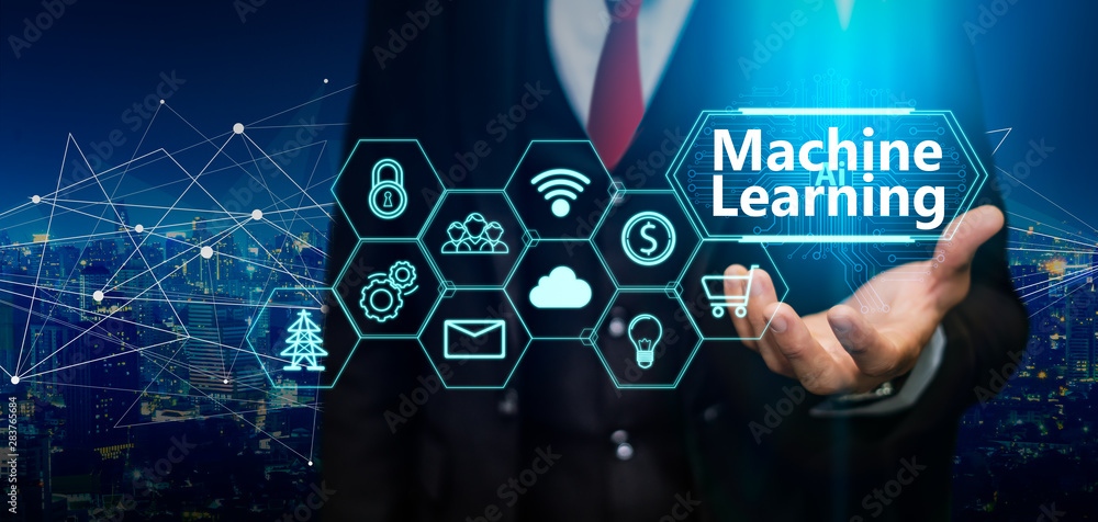 Aufkleber ai(artificial intelligence) and machine learning concept. business person hold machine learning illu