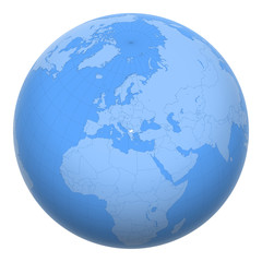 North Macedonia on the globe. Earth centered at the location of the Republic of North Macedonia. Map of North Macedonia. Includes layer with capital cities.