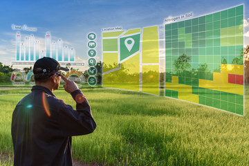Smart farming with IoT, futuristic agriculture concept : Farmer wears VR or AR glasses while...