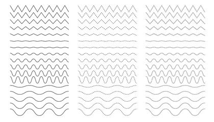 Fotobehang Curvy and zigzag line. Different thin line wave. Squiggle vector curve. Sinus dot amplitude. Dotted rows. Corrugated wavy sequence. Sine waveform © elena_garder