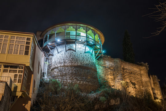 Night view on balcony and terrace of Queen Darejan's palace in Tbilisi.