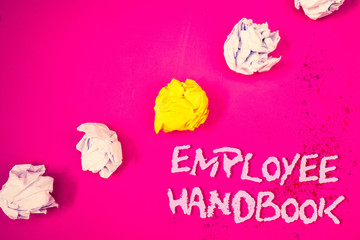Word writing text Employee Handbook. Business concept for Document Manual Regulations Rules Guidebook Policy Code Words pink background crumbled paper notes yellow white diagonal stress