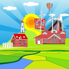 Vector illustration of a beautiful  countryside scene cultivated fields with farm houses and air baloon, wind turbines