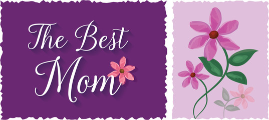 The Best Mom - vector illustration greeting card with pink blossom flowers and coral colors. Can be printed out or used for web banner or sent by e-mail.