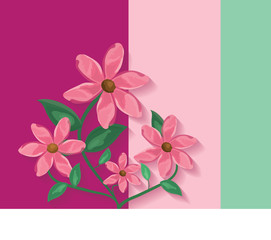 Watercolor effect flowers on pink, coral pink and pastel green color background. Vector floral illustration of bloomed pink petals and green leaves.