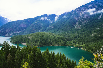 View of Diablo Lake in the North Cascades National Park in Washington State on an overcast summer day