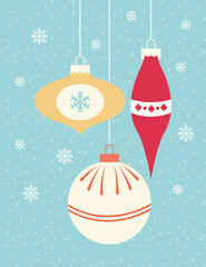 Beautiful Christmas banner with vintage hanging decorations. Vector.