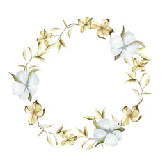 Hand drawn watercolor wreath of cottons, cone and leaves. Autumn frame perfect for logo, invitations and more. Hand painted botanical wreath.