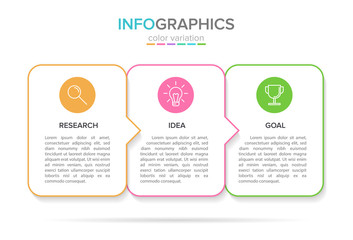Concept of arrow business model with 3 successive steps. Three colorful rectangular elements. Timeline design for brochure, presentation. Infographic design layout.
