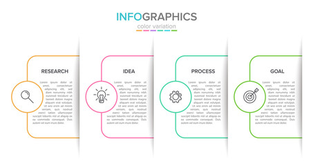 Concept of arrow business model with 4 successive steps. Four colorful rectangular elements. Timeline design for brochure, presentation. Infographic design layout.