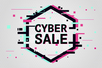 Cyber monday background with glitch effect. Promo sale horizontal banner design. Abstract vector illustration with geometric shape.