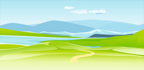 Obraz na płótnie Canvas Vector illustration of a beautiful nature scene in river valley and green fields, blue mountains in horizon