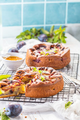Delicious sweet pies with plums on white table, close-up