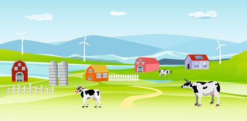 Vector illustration of a beautiful countryside scene in river valley with farm houses and grazing cow and green fields