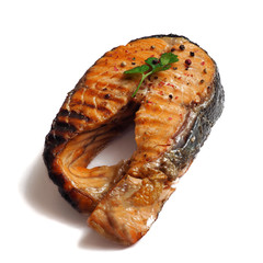 Salmon roast steak isolated on white background.