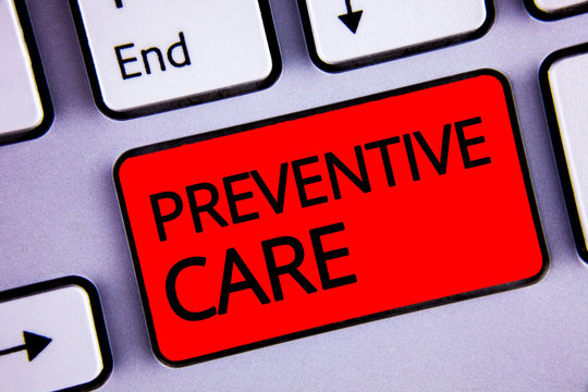 Text sign showing Preventive Care. Conceptual photo Health Prevention Diagnosis Tests Medical Consultation Keyboard red key black letters words Intention create text on computer