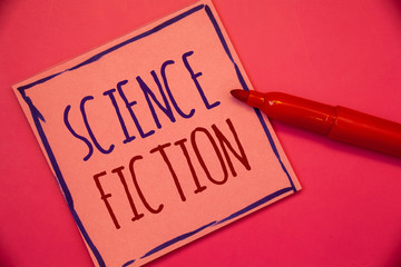Writing note showing Science Fiction. Business photo showcasing Fantasy Entertainment Genre Futuristic Fantastic Adventures Ideas concepts intentions on pink paper black letters frame red pen