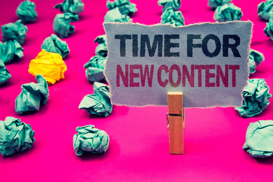 Writing note showing Time For New Content. Business photo showcasing Copyright Publication Update Concept Publishing Emerald paper balls yellow lump rosy floor paperclip retain grey page