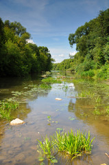 Landscape with view of small river. Russia, Moscow Region