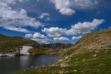 Summit Lake view in Colorado with clouds and blue skies
