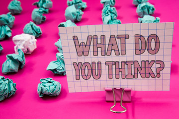 Conceptual hand writing showing What Do You Think Question. Business photo showcasing Opinion Sentiments Comment Judgment Conviction Paperclip with pink letters pink ground green paper lobs