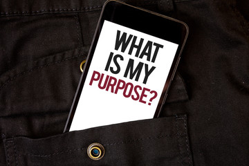 Word writing text What Is My Purpose Question. Business concept for Direction Importance Discernment Reflection Cell phone black color frontal pocket show colorful alphabetical character