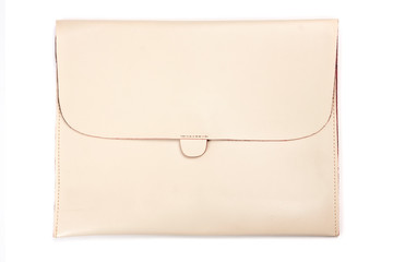 Pink leather tablet computer case on the white background