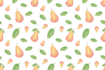 hand drawn pear repeat pattern, autumn seasonal seamless ornament, symbol of autumn and harvest time in bright and vibrant colors