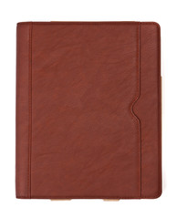 Brown leather tablet computer case on a white background