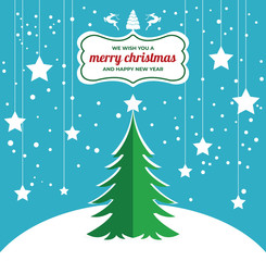 Winter landscape with cute houses and trees, merry christmas greeting card template.