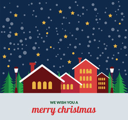 Fototapeta na wymiar Merry Christmas town illustration with cute houses, night sky and flying Santa Claus. Vector greeting card template in in flat style