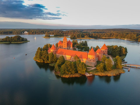 Aerial view of Trakai Castle - Island castle in Trakai is one of the most popular touristic destinations in Lithuania, houses a museum and a cultural center.