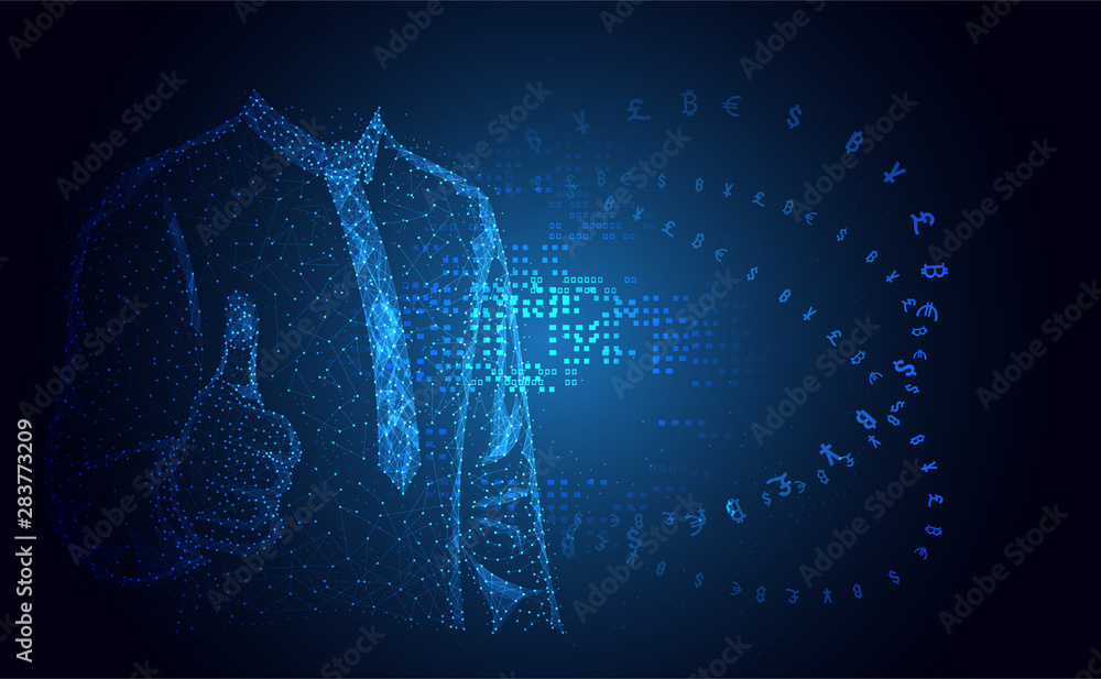 Poster abstract technology line triangle and points businessman low poly finger pointing on hand polygonal 