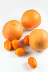 Fresh Grapefruits and Kumquats, on white background.