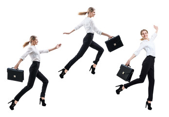 Fototapeta na wymiar Collage of happy business woman in formal wear jumping with briefcase.