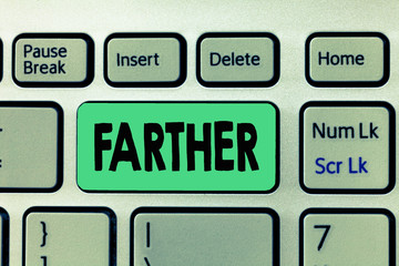 Handwriting text writing Farther. Concept meaning Greater distance More advanced point Comparative of far adverb.