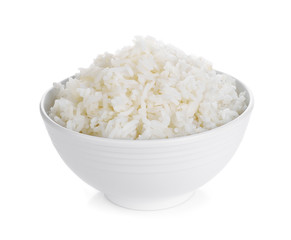 Rice in a bowl on a white background