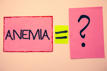Handwriting text Anemia. Concept meaning Bloodlessness Disease Severe Blood Loss Illness Sick Iron...