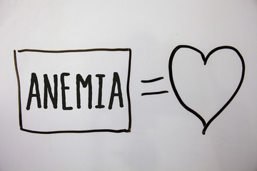 Conceptual hand writing showing Anemia. Business photo showcasing Bloodlessness Disease Severe Blood Loss Illness Sick Iron Deficiency Ideas messages heart white background intentions feelings