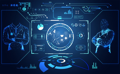 abstract health medical science consist doctor digital futuristic virtual hologram treatment,medicine and communication system link connection on  hi tech blue background.Vector