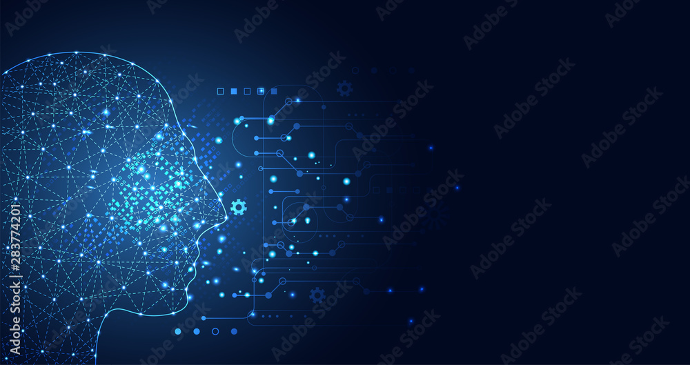 Poster abstract technology artificial intelligence concept big data digital human head in robot and digital
