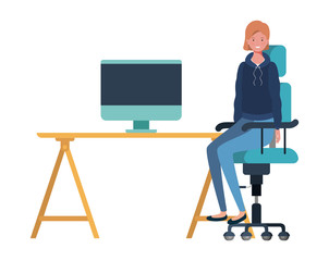 woman sitting in the work office with white background