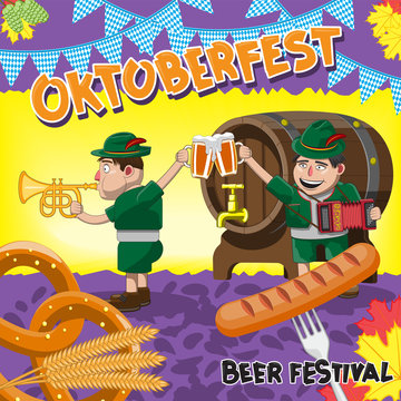 Oktoberfest beer party. Two men play musical instruments and drink beer on an isolated background. The design of the card. Vector image.