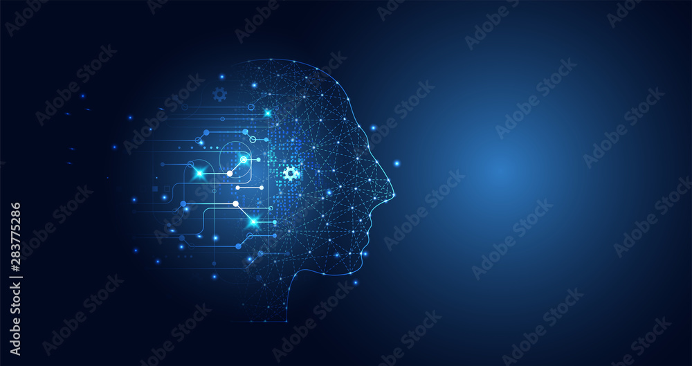 Poster abstract technology artificial intelligence concept big data digital human head in robot and digital