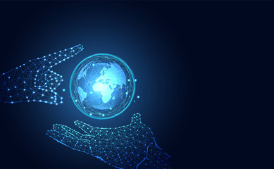 abstract technology futuristic concept world and hand wireframe blue digital on hi tech future blue background network.