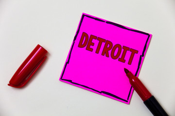 Conceptual hand writing showing Detroit. Business photo showcasing City in the United States of America Capital of Michigan Motown Pink note open marker communicate feelings things to do